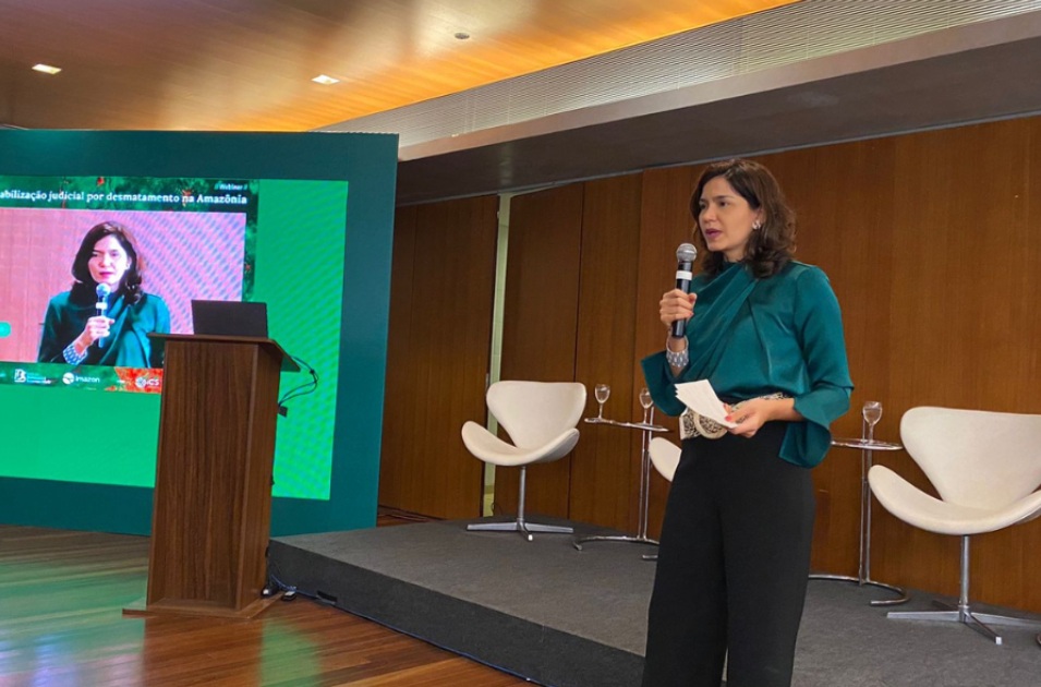 Brenda Brito apresentando resultados do estudo sobre o Amazônia Protege, em 2023 (Foto: Jeferson Almeida/Imazon)