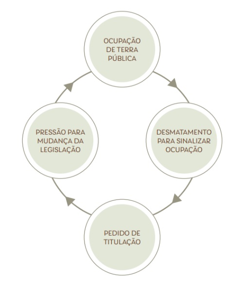 Figura: Ciclo de legalização da grilagem e do desmatamento na Amazônia, disponível no livro 10 Fatos Essenciais para a Regularização Fundiária na Amazônia, publicado pelo Imazon.