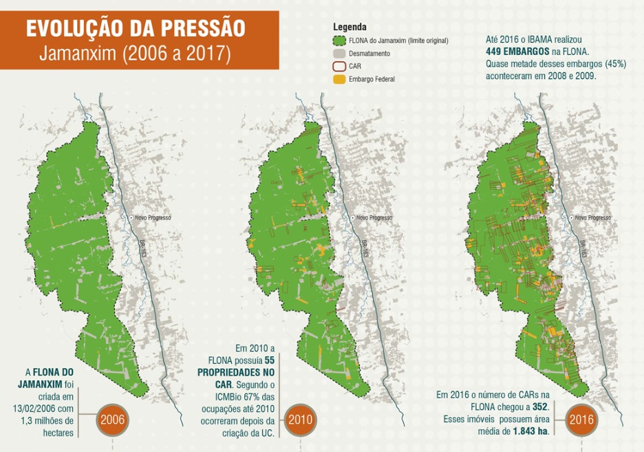 Mapas produzidos pelo Imazon em 2017 mostram a evolução dos CARs sobrepostos à Flona do Jamanxim
